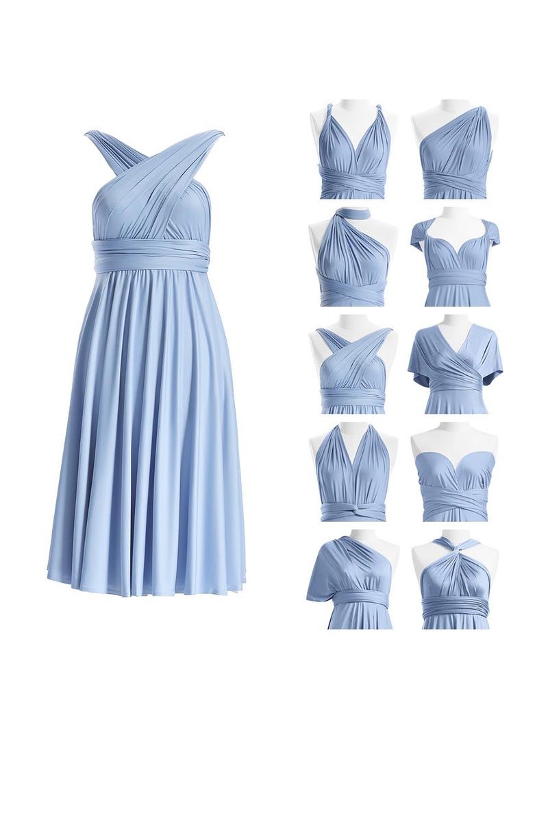 72styles Knee Length Short Infinity Bridesmaids Dresses Convertible Dresses Transformer Multiway Twist Wrap Dresses Midi Gown Dusty Blue - Image 1